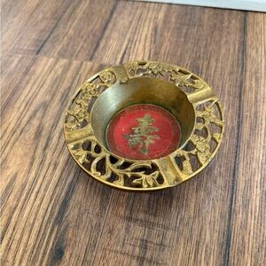 Vintage Chinese Brass Red  Ashtray Chinese Symbol Flower Cutouts Floral